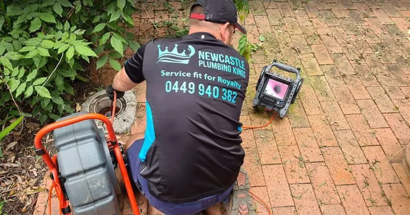 Plumber running a drain camera at an outdoor pit